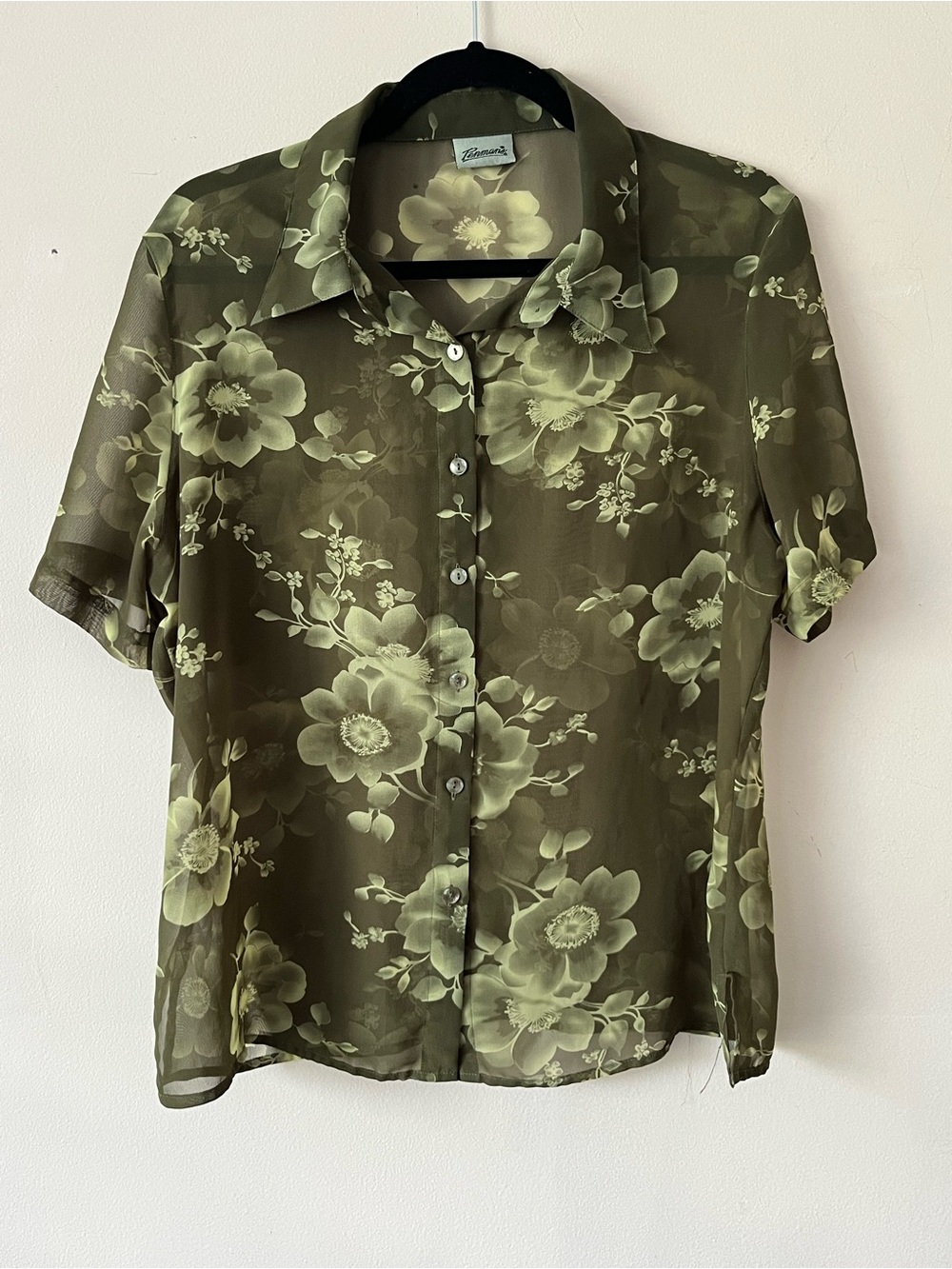 Penmans Sheer Olive Green Floral Button-Up Top